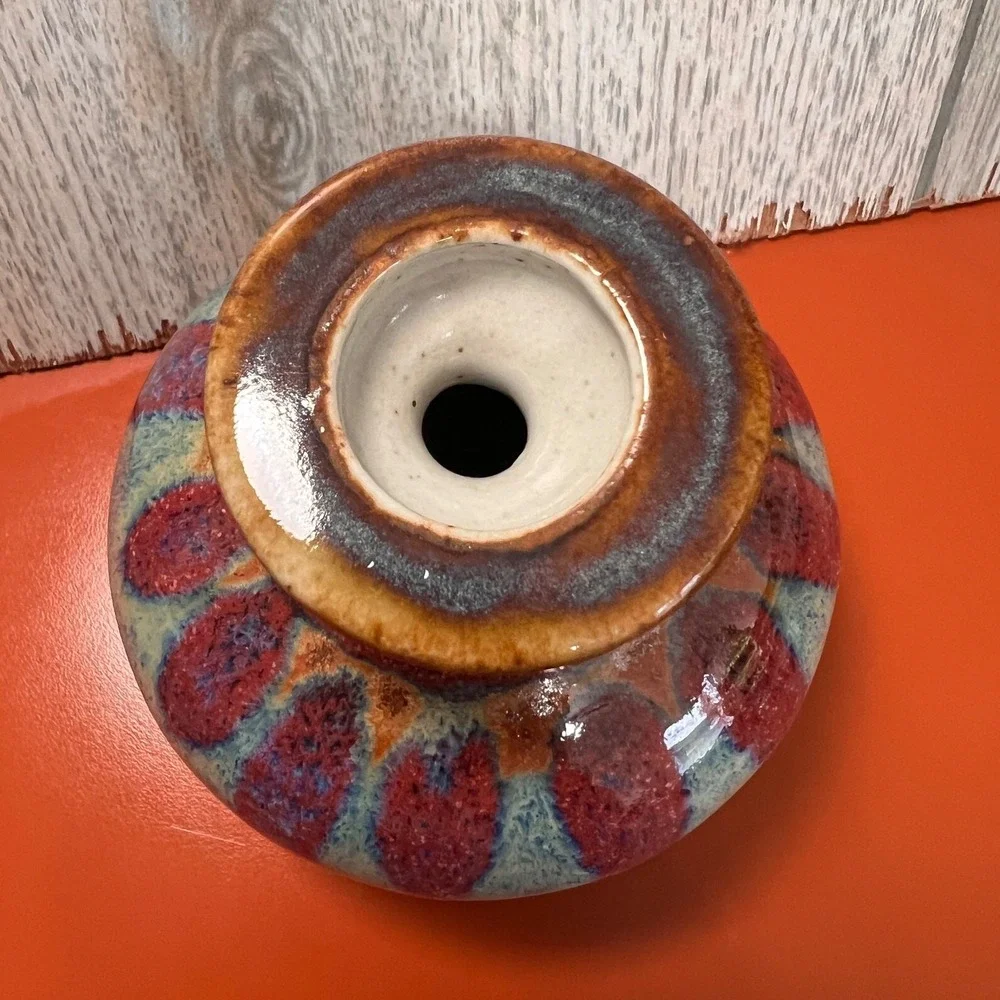 Quality‎ small pottery vase blues and pinks and teals, signed Vintage